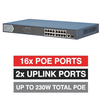 HIKVISION, 18 Port Ethernet POE network switch, Unmanaged, 16x 10/100/1000Mbps RJ45 ports + 1x Gigabit RJ45 & 1x SFP Uplink ports (Shared), Max port output 30W power, Total POE power up to 230W