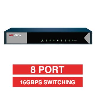HIKVISION, 8 Port Ethernet network switch, Non-POE, Unmanaged, 8x 10/100/1000Mbps ports, RJ45 ports, Supports MDI/MDI-X adaptive, 16 Gbps switching capacity,  IEEE 802.3, IEEE 802.3u, IEEE 802.3x