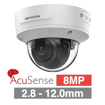 HIKVISION, 8MP AcuSense G2 HD-IP outdoor Vandal Dome camera, White, 2.8-12mm motorised zoom lens, 40m IR, WDR, I/O (Alarm & Audio), 1/1.8” CMOS, H.265+, IP67, IK10, Tri-axis, 12V DC/POE