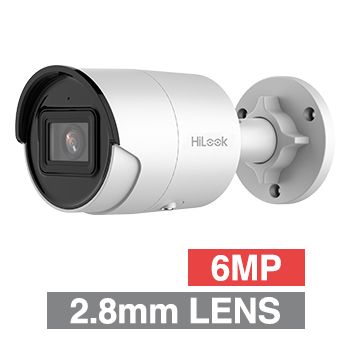 HILOOK, AcuSense 6MP HD-IP Outdoor Bullet camera, Metal, White, 2.8mm fixed lens, 30m IR, 120dB WDR, Day/Night (ICR), 1/2.9" CMOS, H.265/H.265+, IP66, Tri-axis, Microphone, 12V DC/PoE
