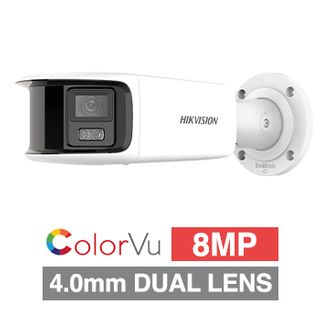 HIKVISION, 8MP Panoramic ColorVu HD-IP Outdoor Bullet camera, White, 4.0mm Twin fixed lens, F1.0, 30m White LED, WDR, Day/Night (ICR), 1/1.8" CMOS, H.265/H.265+, IP67, Two-way Audio, 12V DC/PoE