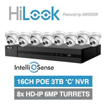 HILOOK, 16 channel IntelliSense HD-IP turret 6MP kit, Includes 1x NVR-216MH-C/16P-3T 16ch POE NVR w/ 3TB HDD & 8x IPC-T261H-M-2.8 6MP IP IR turret cameras w/ 2.8mm fixed lens