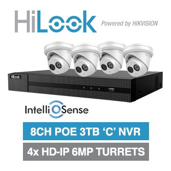 HILOOK, 8 channel IntelliSense HD-IP turret 6MP kit, Includes 1x NVR-108MH-C/4P-3T 8ch POE NVR w/ 3TB HDD & 4x IPC-T262H-M-2.8 6MP IP IR turret cameras w/ 2.8mm fixed lens