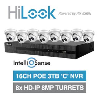 HILOOK, 16 channel IntelliSense HD-IP turret 8MP kit, Includes 1x NVR-216MH-C/16P-3T 16ch POE NVR w/ 3TB HDD & 8x IPC-T281H-M-2.8 8MP IP IR turret cameras w/ 2.8mm fixed lens