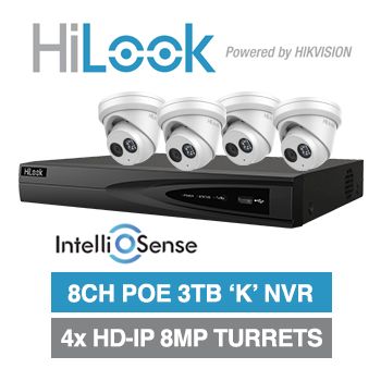 HILOOK, 8 channel IntelliSense HD-IP turret 8MP kit, Includes 1x NVR-108MH-K/8P-3T 8ch POE NVR w/ 3TB HDD & 4x IPC-T281H-M-2.8 8MP IP IR turret cameras w/ 2.8mm fixed lens