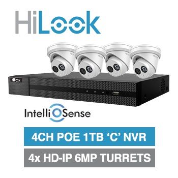 HILOOK, 4 channel IntelliSense HD-IP turret 6MP kit, Includes 1x NVR-104MH-C/4P-1T 4ch POE NVR w/ 1TB HDD & 4x IPC-T361H-MU-2.8 6MP IP IR turret cameras w/ 2.8mm fixed lens