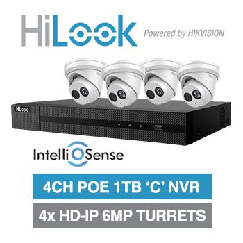 HILOOK, 4 channel IntelliSense HD-IP turret 6MP kit, Includes 1x NVR-104MH-C/4P-1T 4ch POE NVR w/ 1TB HDD & 4x IPC-T261H-M-2.8 6MP IP IR turret cameras w/ 2.8mm fixed lens