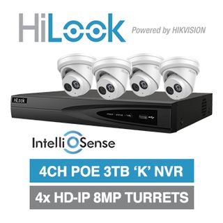 HILOOK, 4 channel IntelliSense HD-IP turret 8MP kit, Includes 1x NVR-104MH-K/4P-3T 4ch POE NVR w/ 3TB HDD & 4x IPC-T381H-MU-2.8 8MP IP IR turret cameras w/ 2.8mm fixed lens
