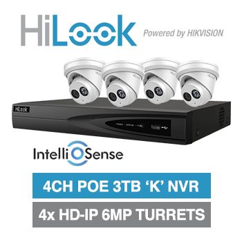 HILOOK, 4 channel IntelliSense HD-IP turret 6MP kit, Includes 1x NVR-104MH-K/4P-3T 4ch POE NVR w/ 3TB HDD & 4x IPC-T262H-M-2.8 6MP IP IR turret cameras w/ 2.8mm fixed lens