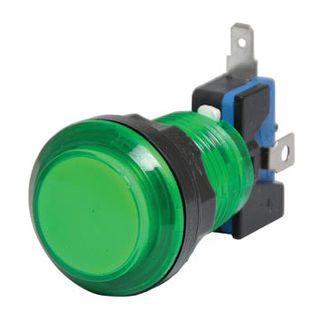 NETDIGITAL, Green Arcade Style Momentary LED Illuminated Switch, SPST microswitch, 6.3mm spade, Illumination: 5-12V input, Mounting hole: 25mm