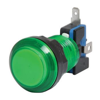 NETDIGITAL, Green Arcade Style Momentary LED Illuminated Switch, SPST microswitch, 6.3mm spade, Illumination: 5-12V input, Mounting hole: 25mm