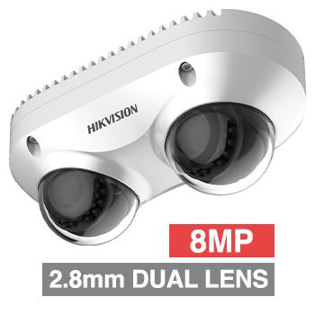 HIKVISION, 8MP HD-IP Dual-direction PanoVu dome camera, White, 2.8mm lens, 10m IR, 120dB WDR, Day/Night (ICR), 1/2.5" CMOS, H.265/H.265+, IP67, IK10, Twin-axis, 12V DC/PoE,