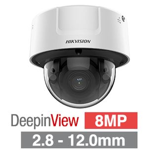 HIKVISION, 8MP HD-IP Indoor Dome camera, White, 2.8-12 vari-focal lens, 30m IR, 140dB WDR, Day/Night (ICR), 1/1.8" CMOS, Face recognition, H.265/265+, IK10, 12V DC/24V AC/PoE