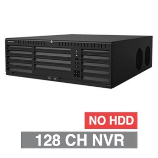 HIKVISION, HD-IP PoE NVR, 128 channel, 768Mbps bandwidth, Up to 16x SATA HDD (16x 10TB max), RAID, VMD, USB/Network backup, Ethernet, 2x USB2.0 & 2x USB3.0, 1 Audio In/Out, 2x HDMI/1x VGA