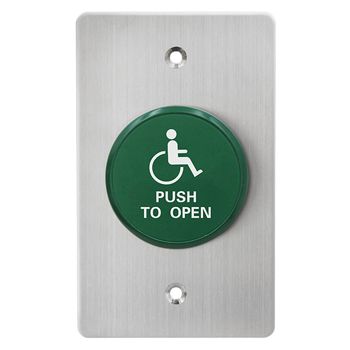 ULTRA ACCESS, Heavy Duty switch plate, Wall, Disabled, Labelled "Push to Open", Stainless steel, With green large mushroom head push button, N/O and N/C contacts, 22mm Dia Hole,