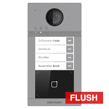 HIKVISION, Intercom, Gen 2, Flush door station, HD-IP, Four call button, 2MP camera, Built-in Mifare reader, 129 degree view, IP65, IK08, WiFi, POE