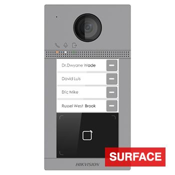 HIKVISION, Intercom, Gen 2, Surface door station, HD-IP, Four call button, 2MP camera, Built-in Mifare reader, 129 degree view, IP65, IK08, WiFi, POE,
