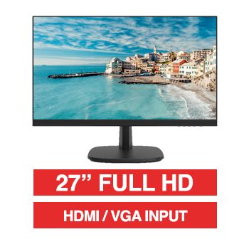 HIKVISION, 27" 16:9 Colour Monitor (Black), FHD 1080P 1920x1080 resolution, 14ms response, 1000:1 contrast ratio, HDMI/VGA, 100x100 VESA mount,