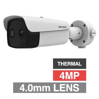 HIKVISION, 4MP Fusion Outdoor Thermal bullet camera, White, 6.5mm lens (thermal), 4mm lens (optical), 384x288 Thermal, 30m IR, 120dB WDR, Day/Night (ICR), 1/2.7" CMOS, H.265 & H.265+, IP67, 12V DC/PoE