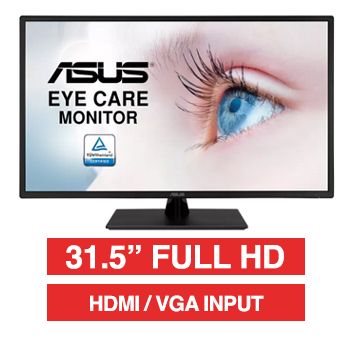ASUS VA329HE 31.5inch FHD FreeSync IPS Monitor, 1920x1080, 5ms GTG, 1200:1 Contrast, 300nits, 2x HDMI 1.4, VGA, Tilt, VESA 100, Adaptive-Sync, Flicker-free and Low Blue Light