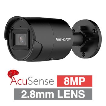 HIKVISION, 8MP AcuSense G2 HD-IP outdoor Mini Bullet camera w/ audio, Black, 2.8mm fixed lens, 40m IR, WDR, Microphone, 1/1.8&rdquo; CMOS, H.265+, IP67, Tri-axis, 12V DC/POE