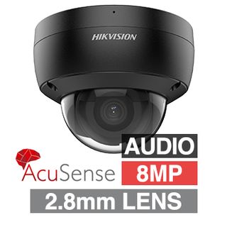 HIKVISION, 8MP AcuSense G2 HD-IP outdoor Vandal Dome camera w/ audio, Black, 2.8mm fixed lens, 30m IR, WDR, Microphone, I/O (Alarm & Audio), 1/1.8” CMOS, H.265+, IP67, IK10, Tri-axis, 12V DC/POE