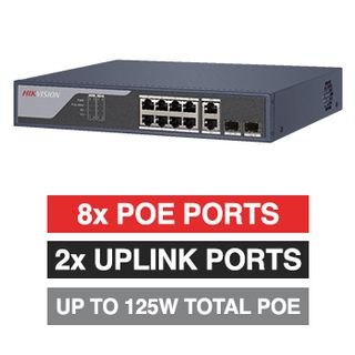 HIKVISION, 10 Port Ethernet POE Smart network switch, Managed, 8x 10/100Mbps RJ45 ports + 2x Gigabit RJ45 & 2x SFP Uplink ports (Shared), Max port output 30W power, Total POE power up to 125W,