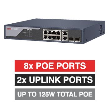 HIKVISION, 10 Port Ethernet POE Smart network switch, Managed, 8x 10/100Mbps RJ45 ports + 2x Gigabit RJ45 & 2x SFP Uplink ports (Shared), Max port output 30W power, Total POE power up to 125W,