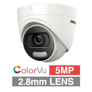 HIKVISION, 5MP Turbo HD ColorVu Outdoor Turret camera, White, 2.8mm fixed lens, 20m White, TVI/AHD/CVI/CVBS, 130dB WDR, IP67, Tri-axis, 12V DC