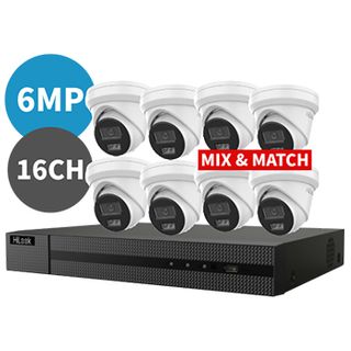 HILOOK, 16 channel IntelliSense HD-IP 2.8mm turret 6MP kit, Incl. 1x NVR-216MH-C/16P-4T 16ch POE NVR w/ 4TB HDD, 4x IPC-T262H-MU 6MP IP IR turret cameras w/ 2.8mm fixed lens (OR MIX & MATCH)