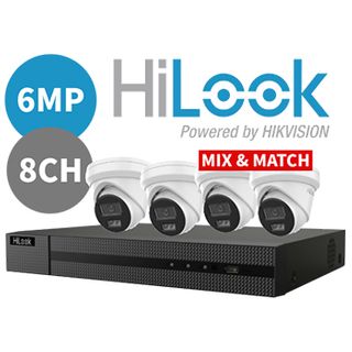 HILOOK, 8 channel IntelliSense HD-IP 2.8mm turret 6MP kit, Incl. 1x NVR-108MH-C/8P-4T 8ch POE NVR w/ 4TB HDD, 4x IPC-T262H-MU 6MP IP IR turret cameras w/ 2.8mm fixed lens (OR MIX & MATCH)