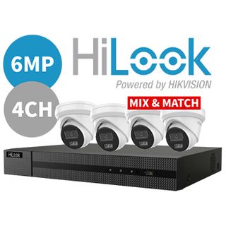 HILOOK, 4 channel IntelliSense HD-IP 2.8mm turret 6MP kit, Incl. 1x NVR-104MH-C/4P-1T 4ch POE NVR w/ 1TB HDD, 4x IPC-T262H-MU 6MP IP IR turret cameras w/ 2.8mm fixed lens (OR MIX & MATCH)