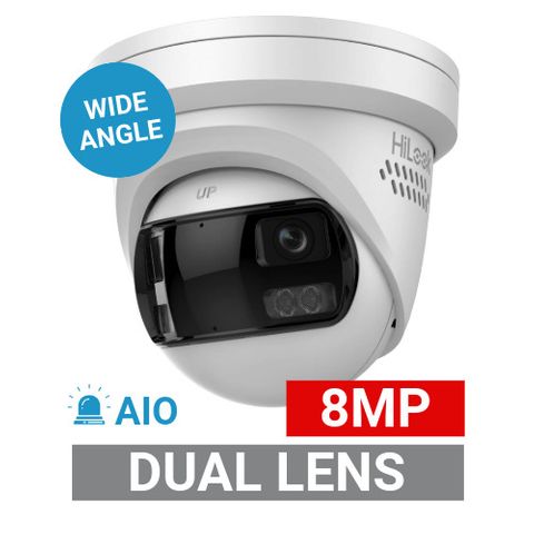 HILOOK, IntelliSense AIO 8MP HD-IP Outdoor Pano Turret camera, Metal, White, 180 Deg lens, 30m IR/White, 120dB WDR, Day/Night (ICR), 1/2.4" CMOS, H.265/H.265+, IP67, Mic/Speaker/Red/Blue, 12V DC/PoE