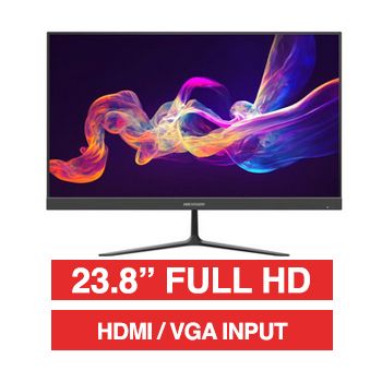 HIKVISION, 23.8" LED 16:9 Colour Monitor (Black), Full HD 1920x1080 resolution, 14ms response, 1000:1 contrast ratio, HDMI/VGA input, 100x100 VESA mount, Includes Desk stand, 24/7 operation,