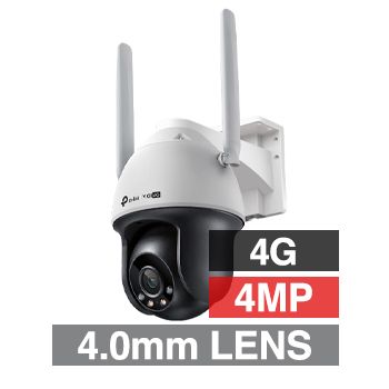 TP LINK, 4MP EasyCam HD-IP 4G outdoor PT (Pan/Tilt) camera w/ 2-way audio, White, 4.0mm lens, 30m IR, 30m White LED, DWDR, Microphone/Speaker, I/O (Alarm & Audio), IP66, 12V DC, Suits Solar setup