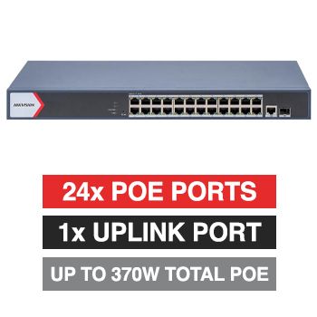 HIKVISION, 24 Port Gigabit POE network switch, Smart managed, 24x Gigabit PoE ports, 1x Gigabit Uplink port, 1x Gigabit SFP port, Max port output 30W power, Total POE power up to 370W, IEEE802.3af/at