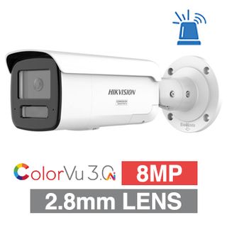 HIKVISION, 8MP AI Smart Hybrid ColorVu G3 HD-IP outdoor Bullet camera w/ 2-way audio, strobe & audible alarm (LiveGuard), White, 2.8mm lens, 60m White LED, WDR, I/O (Alarm & Audio), IP67, 12V DC/POE