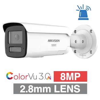 HIKVISION, 8MP AI Smart Hybrid ColorVu G3 HD-IP outdoor Bullet camera w/ 2-way audio, strobe & audible alarm (LiveGuard), White, 2.8mm lens, 60m White LED, WDR, I/O (Alarm & Audio), IP67, 12V DC/POE