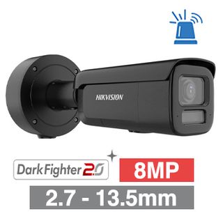HIKVISION, 8MP AI Smart Hybrid ColorVu G3 Dual Illumination outdoor Bullet camera, Black, 2.7-13.5mm motorised zoom lens, 60m IR/White Light, WDR, 1/1.8” CMOS, H.265+, IP66, IK10, Tri-axis, 12V DC/POE