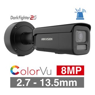 HIKVISION, 8MP AI Smart Hybrid ColorVu G3 Dual Illumination outdoor Bullet camera, Black, 2.7-13.5mm motorised zoom lens, 60m IR/White Light, WDR, 1/1.8&rdquo; CMOS, H.265+, IP66, IK10, Tri-axis, 12V DC/POE