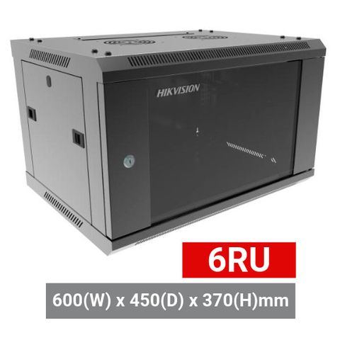 HIKVISION, 6RU 19" Rack Cabinet, Wall mount, 600 (w) x 450 (d) x 370mm (h), With glass door and front vent, Dark grey, DO NOT USE WITH DVRs,