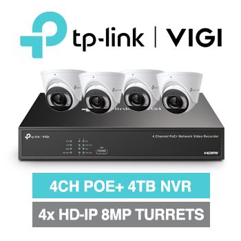 TP LINK, 4 channel Insight HD-IP turret 8MP kit, Includes 1x VIGI-NVR1004H-4P-4T 4ch POE NVR w/ 4TB HDD & 4x VIGI-S485-2.8 8MP IP IR turret cameras w/ 2.8mm fixed lens