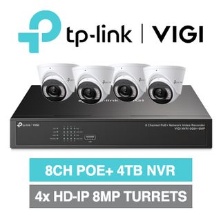 TP LINK, 8 channel Insight HD-IP turret 8MP kit, Includes 1x VIGI-NVR1008H-8MP-4T 8ch POE NVR w/ 4TB HDD & 4x VIGI-S485-2.8 8MP IP IR turret cameras w/ 2.8mm fixed lens