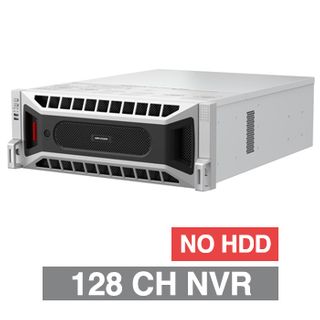 HIKVISION, HD-IP PoE NVR, 128 channel, 1024Mbps bandwidth, Up to 24x SATA HDD (24x 16TB max), RAID, VMD, USB/Network backup, Ethernet, 2x USB2.0 & 2x USB3.0, 1 Audio In/Out, 2x HDMI/1x VGA