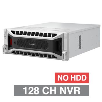 HIKVISION, HD-IP PoE NVR, 128 channel, 1024Mbps bandwidth, Up to 24x SATA HDD (24x 16TB max), RAID, VMD, USB/Network backup, Ethernet, 2x USB2.0 & 2x USB3.0, 1 Audio In/Out, 2x HDMI/1x VGA