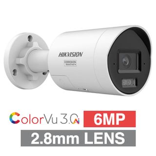 HIKVISION, 6MP AI Smart Hybrid ColorVu G3 HD-IP outdoor Bullet camera w/2-way audio, strobe & audible alarm (LiveGuard), White, 2.8mm lens, 30m IR/White LED, WDR, I/O (Alarm & Audio), IP67, 12V DC/POE