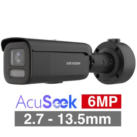 HIKVISION, 6MP AcuSense HD-IP outdoor Bullet camera, Black, 2.7-13.5mm motorised zoom lens, 60m IR, WDR, 1/1.8" CMOS, H.265+, IP66, IK10, Tri-axis, 12V DC/POE
