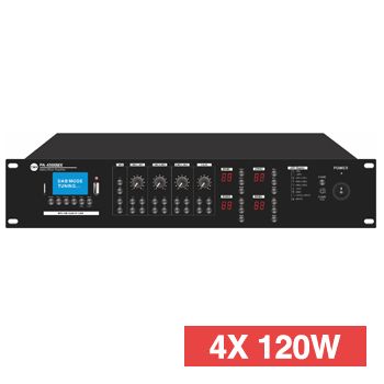 CMX, 4 Zone, Matrix power amplifier, 120W RMS per zone , Outputs 100V line and 8-16 Ohms, 4 Zones with volume, 3 balanced mic inputs, 3 unbalanced aux inputs, MP3 player, FM tuner, DAB+, Bluetooth,