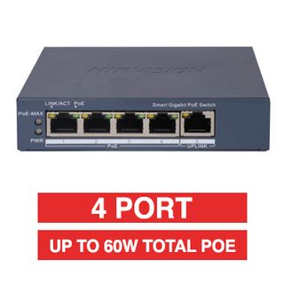 HIKVISION, 4 Port Gigabit POE network switch, Smart managed, 4x Gigabit PoE ports, 1x Gigabit Uplink port, Max port output 60W power, Total POE power up to 60W, IEEE802.3af/at