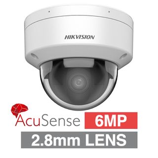 HIKVISION, 6MP AcuSense G2H HD-IP outdoor Vandal Dome camera w/ audio, White, 2.8mm fixed lens, 30m IR, WDR, Microphone, I/O (Alarm & Audio), 1/2.4” CMOS, H.265+, IP67, IK10, Tri-axis, 12V DC/POE